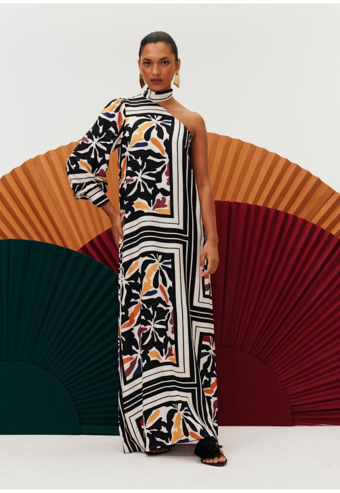 Vestido Longo Ombro Só Golinha Estampado Mambo