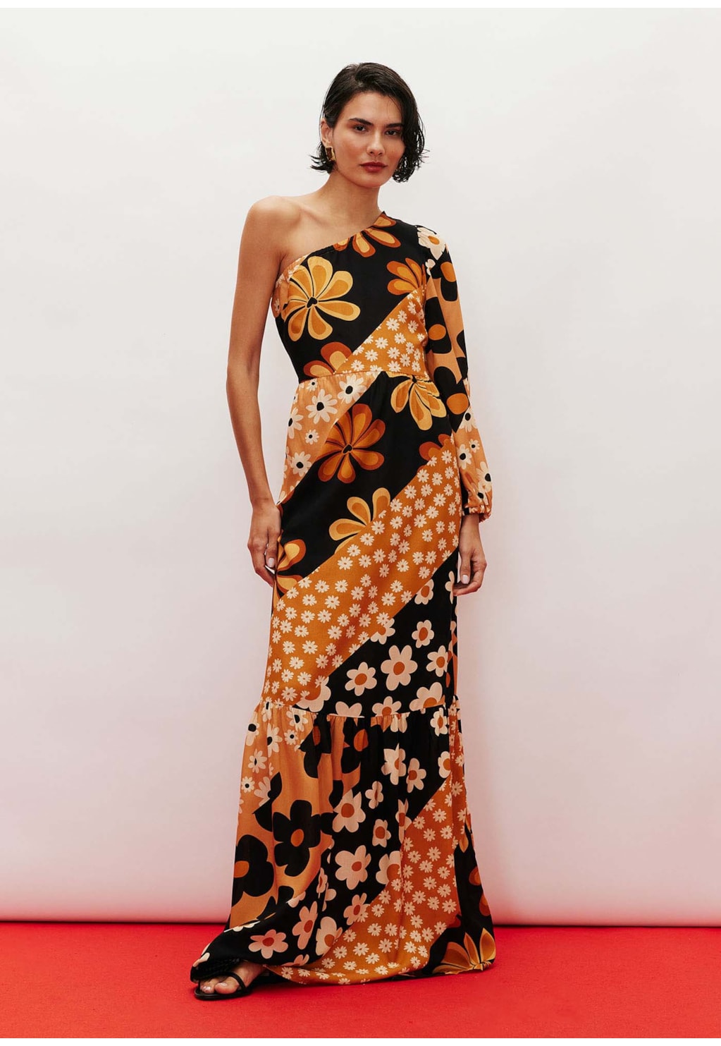 Vestido Longo Ombro Só Manga Estampado Salsa