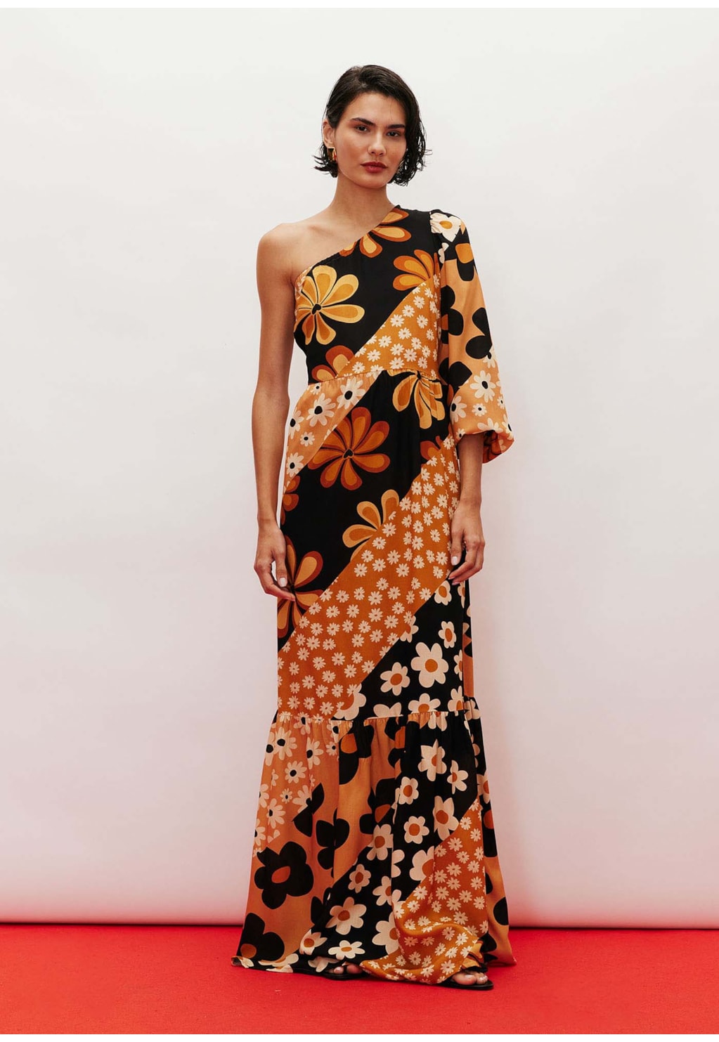 Vestido Longo Ombro Só Manga Estampado Salsa