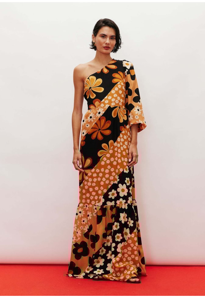 Vestido Longo Ombro Só Manga Estampado Salsa