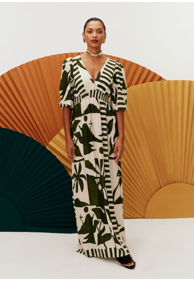 Vestido Longo Pala Lastex Estampado Bossa Nova