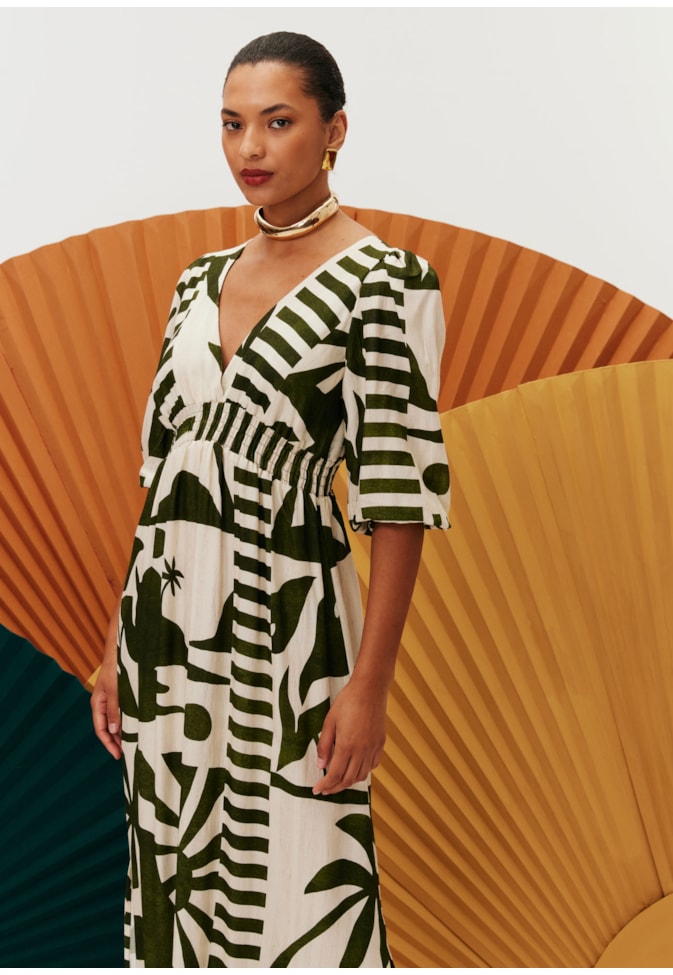 Vestido Longo Pala Lastex Estampado Bossa Nova