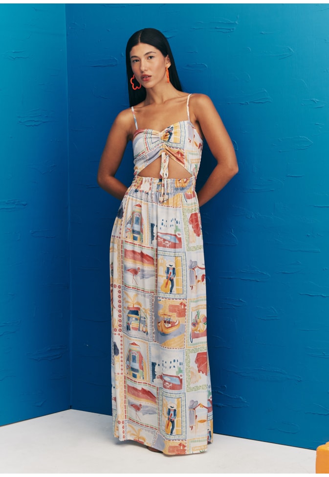 Vestido Longo Pala Lastex Estampado Buena Vista