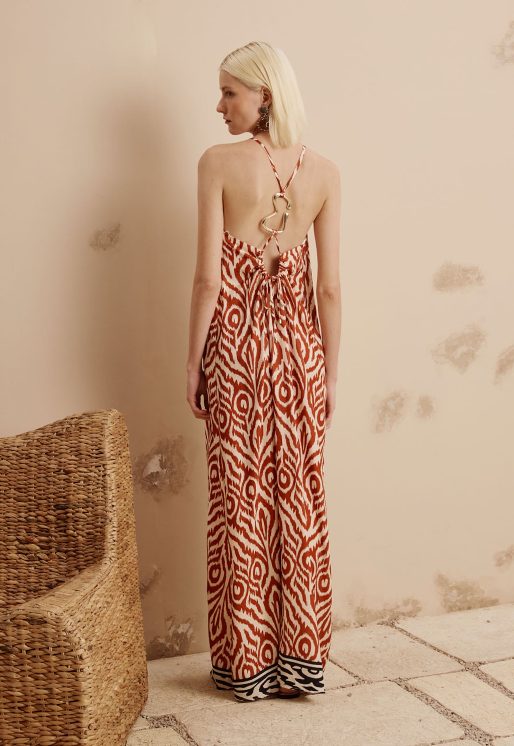 Vestido Longo Passador Vazado Orgânico Costas Estampado Arumã