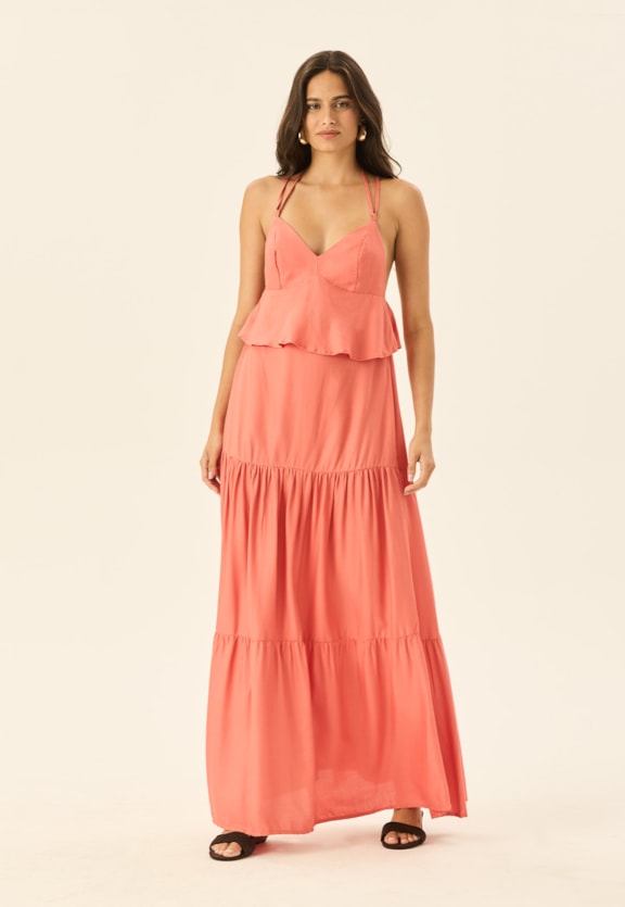 Vestido Longo Peplum Camadas Vista Frontal