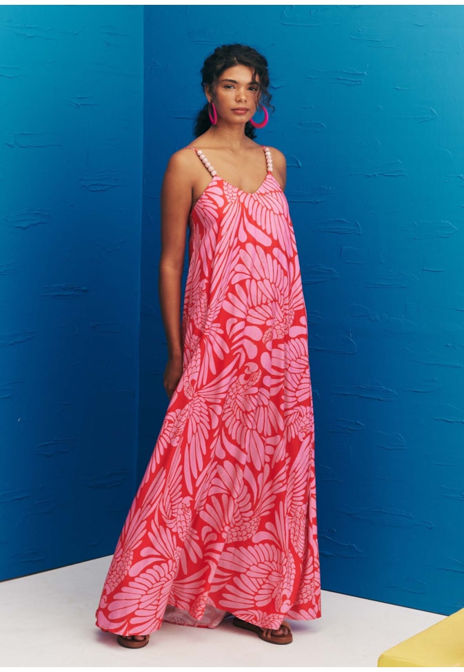 Vestido Longo Ponteiras Estampado Araras de Bonito