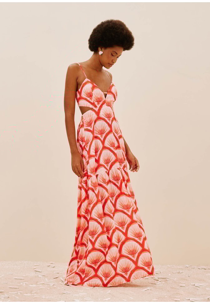 Vestido Longo Recorte Busto Estampado Pink Beach