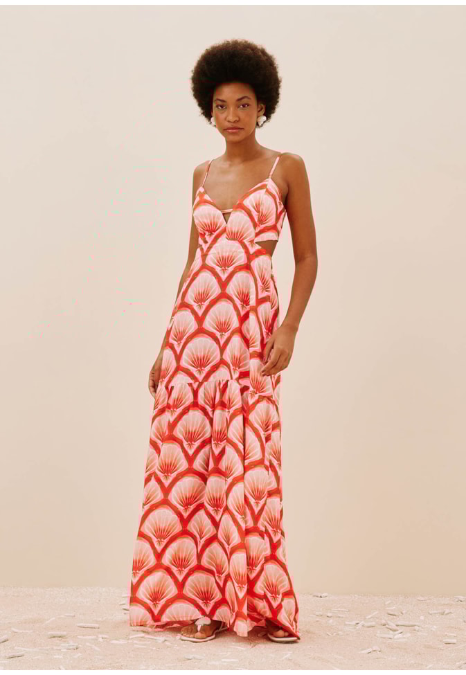 Vestido Longo Recorte Busto Estampado Pink Beach