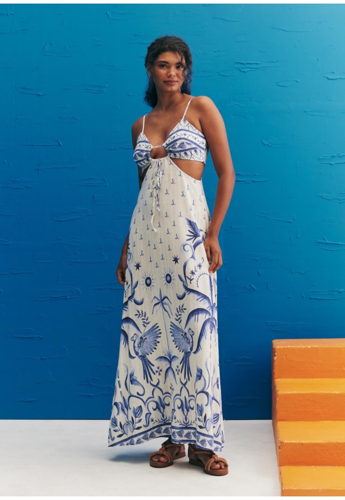 Vestido Longo Recorte Estampado Noronha