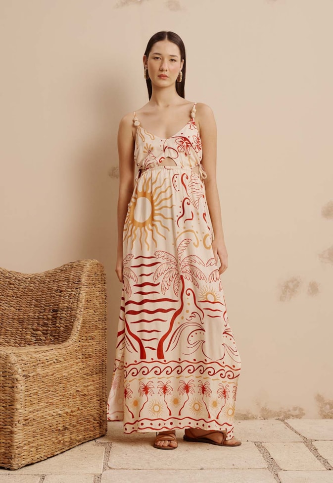 Vestido Longo Recortes Com Ponteiras Estampado Marahú