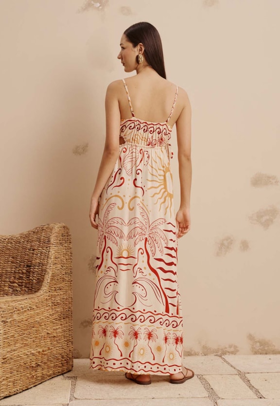 Vestido Longo Recortes Com Ponteiras Estampado Marahú Vista Traseira