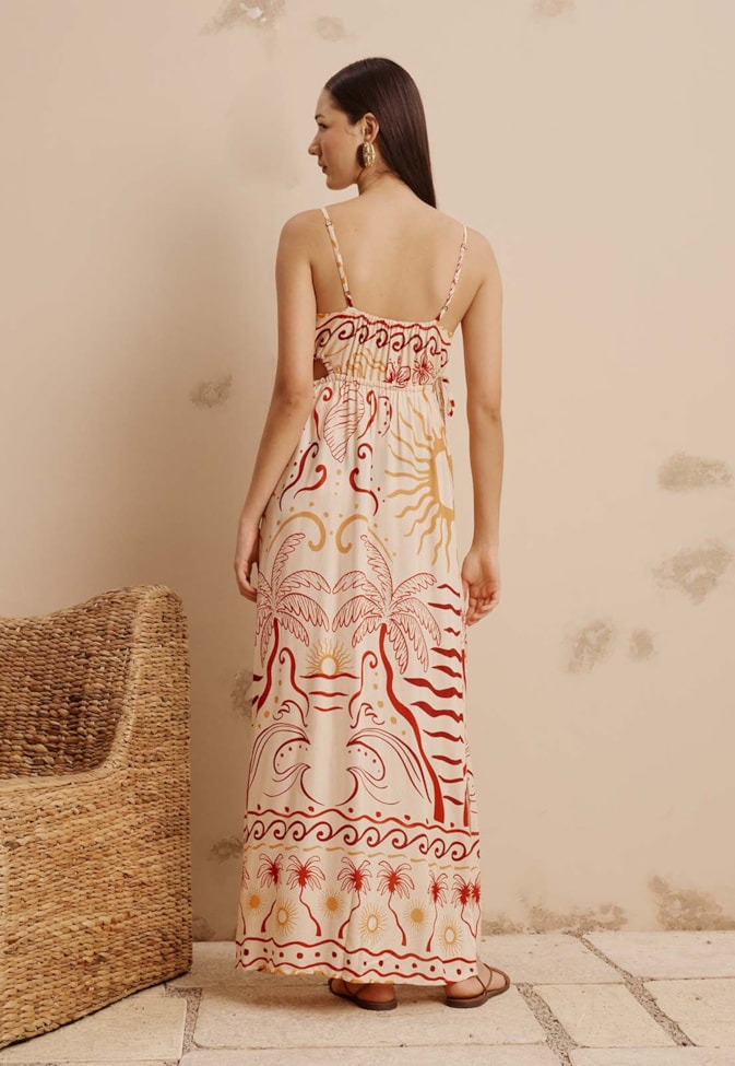 Vestido Longo Recortes Com Ponteiras Estampado Marahú