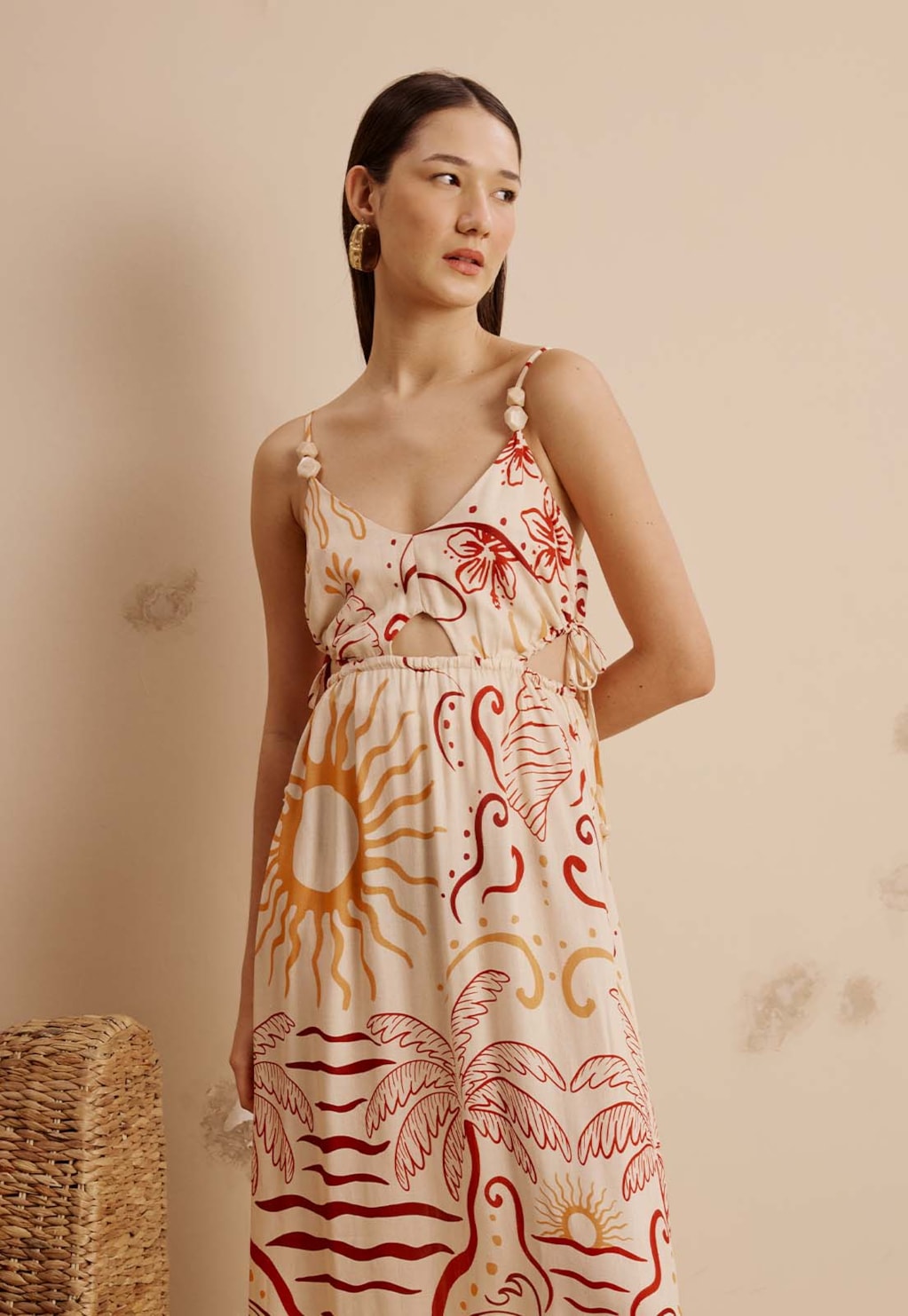 Vestido Longo Recortes Com Ponteiras Estampado Marahú