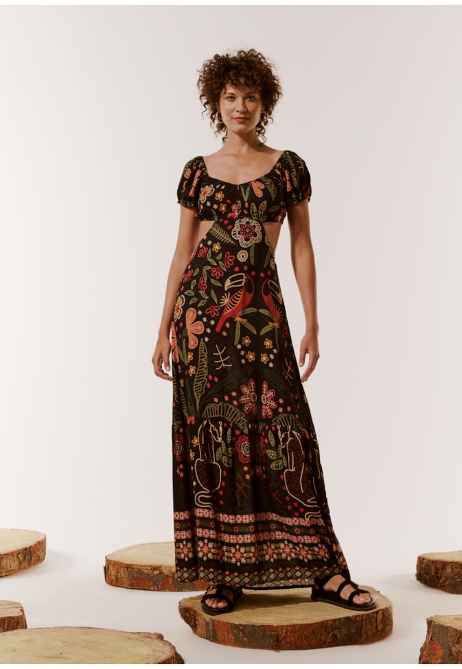 Vestido Longo Recortes Estampado Bioma