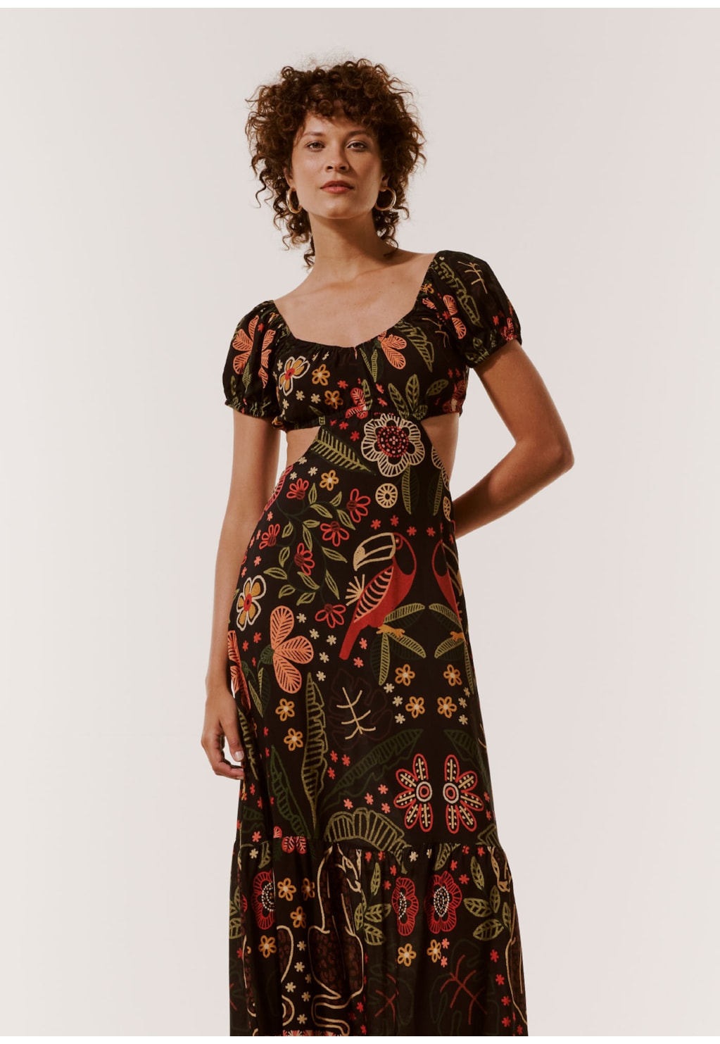 Vestido Longo Recortes Estampado Bioma