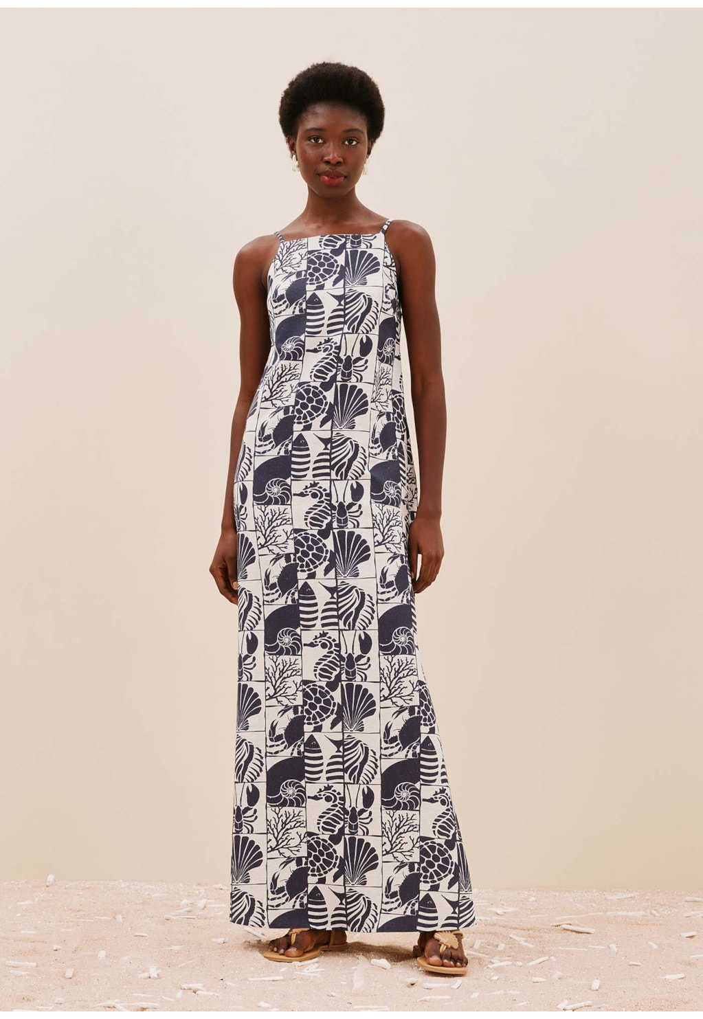 Vestido Longo Reto Alça Fina Estampado Mar