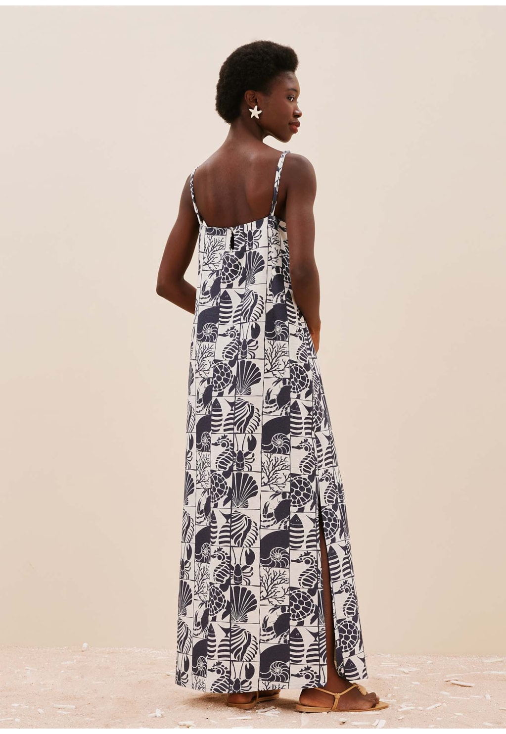 Vestido Longo Reto Alça Fina Estampado Mar