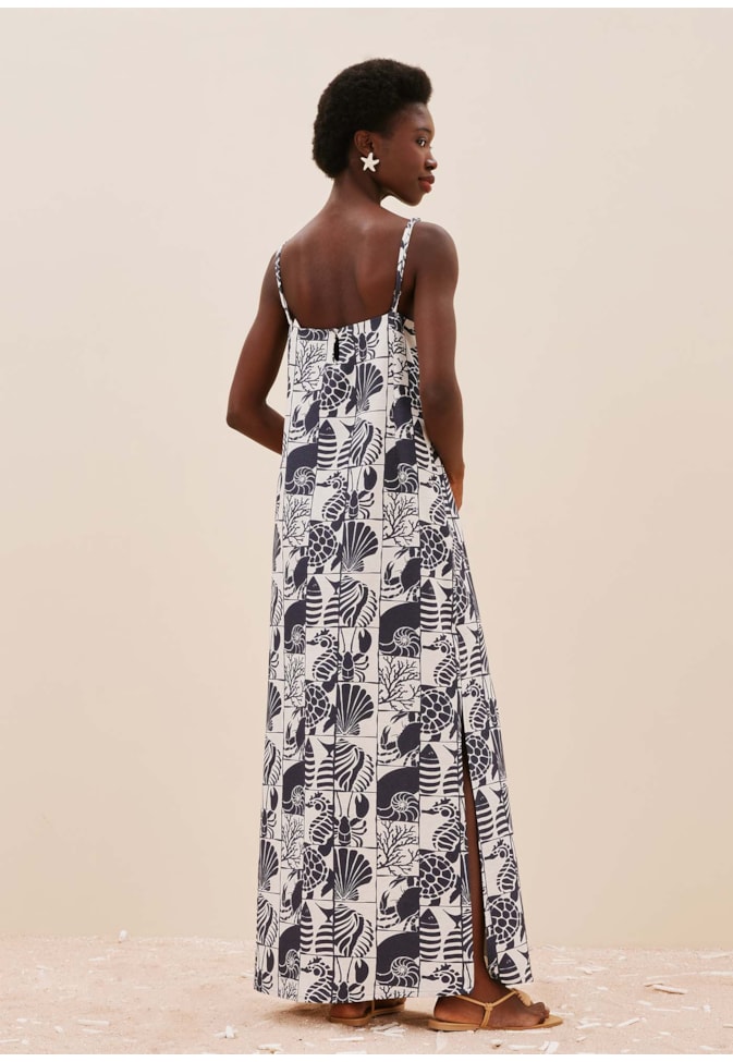 Vestido Longo Reto Alça Fina Estampado Mar