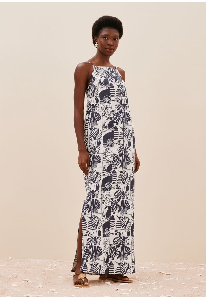 Vestido Longo Reto Alça Fina Estampado Mar