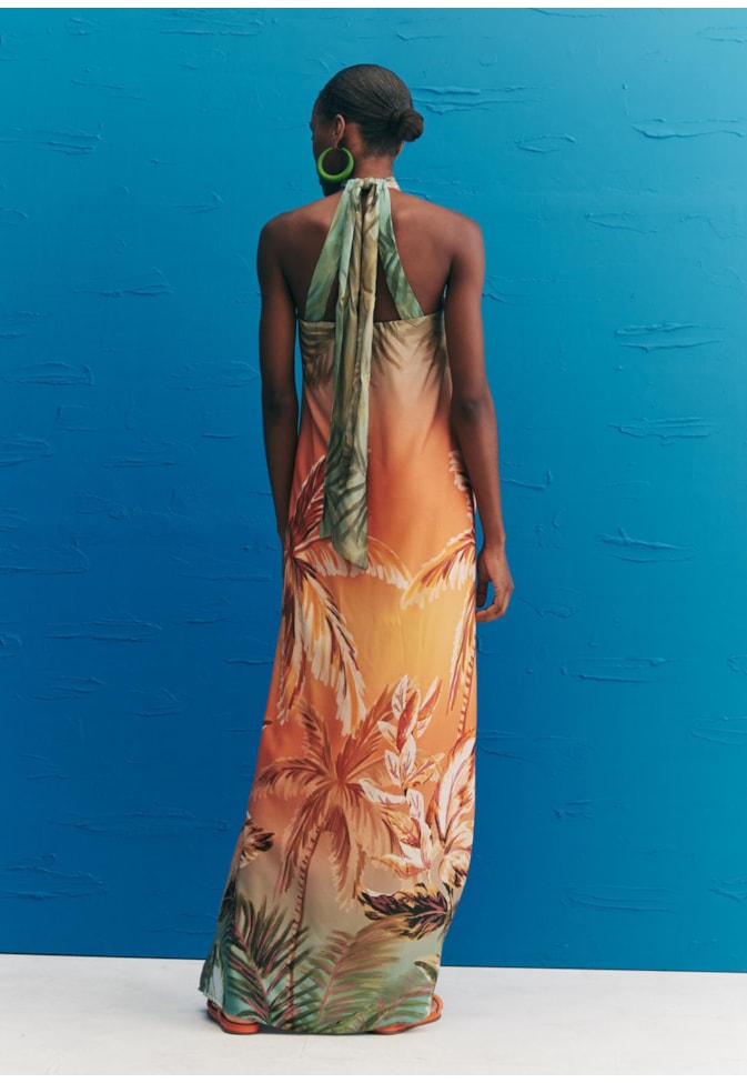 Vestido Longo Reto com Golinha Estampado Trancoso 