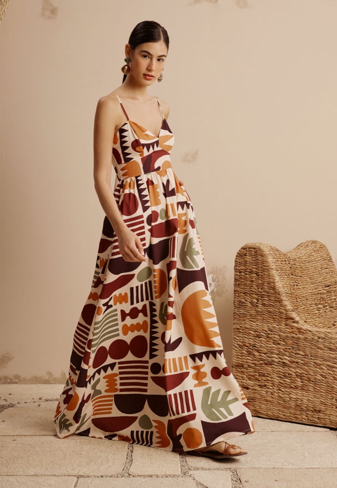 Vestido Longo Rodado Franzido Estampado Ribeirinha