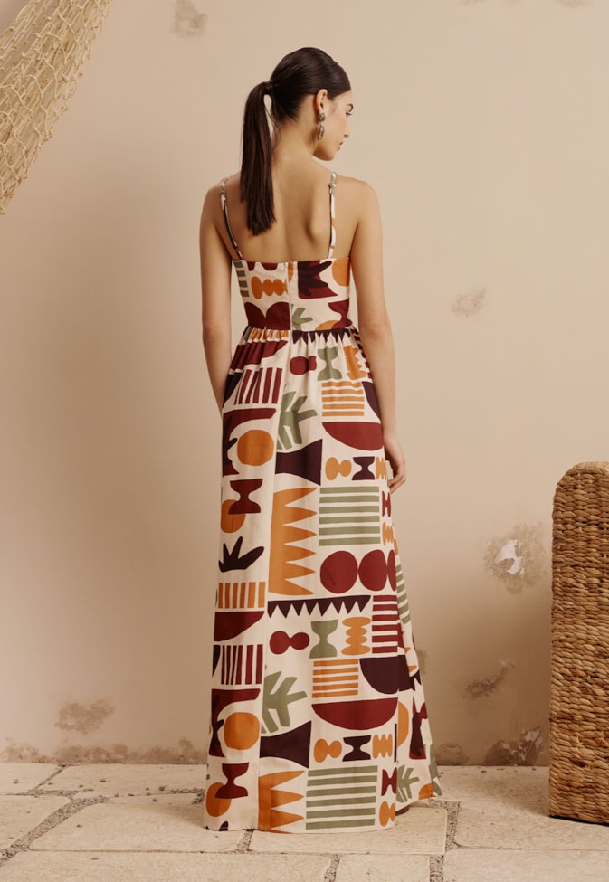 Vestido Longo Rodado Franzido Estampado Ribeirinha