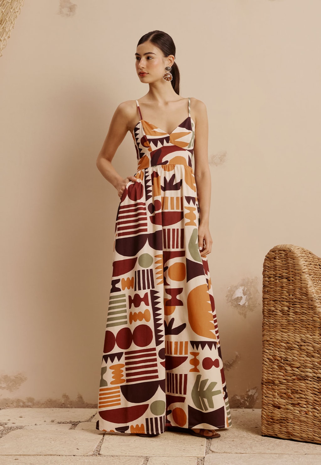 Vestido Longo Rodado Franzido Estampado Ribeirinha