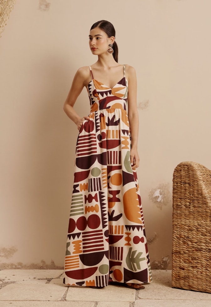 Vestido Longo Rodado Franzido Estampado Ribeirinha