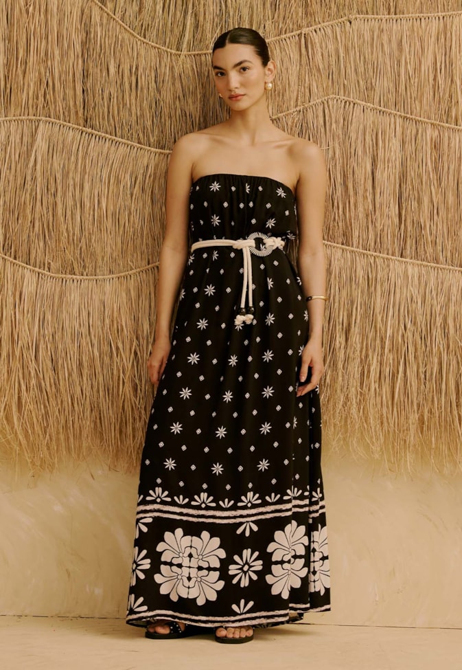 Vestido Longo Tomara Que Caia com Cinto em Corda Estampado Pallay