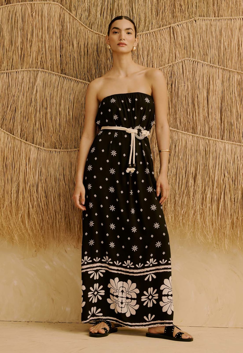 Vestido Longo Tomara Que Caia com Cinto em Corda Estampado Pallay