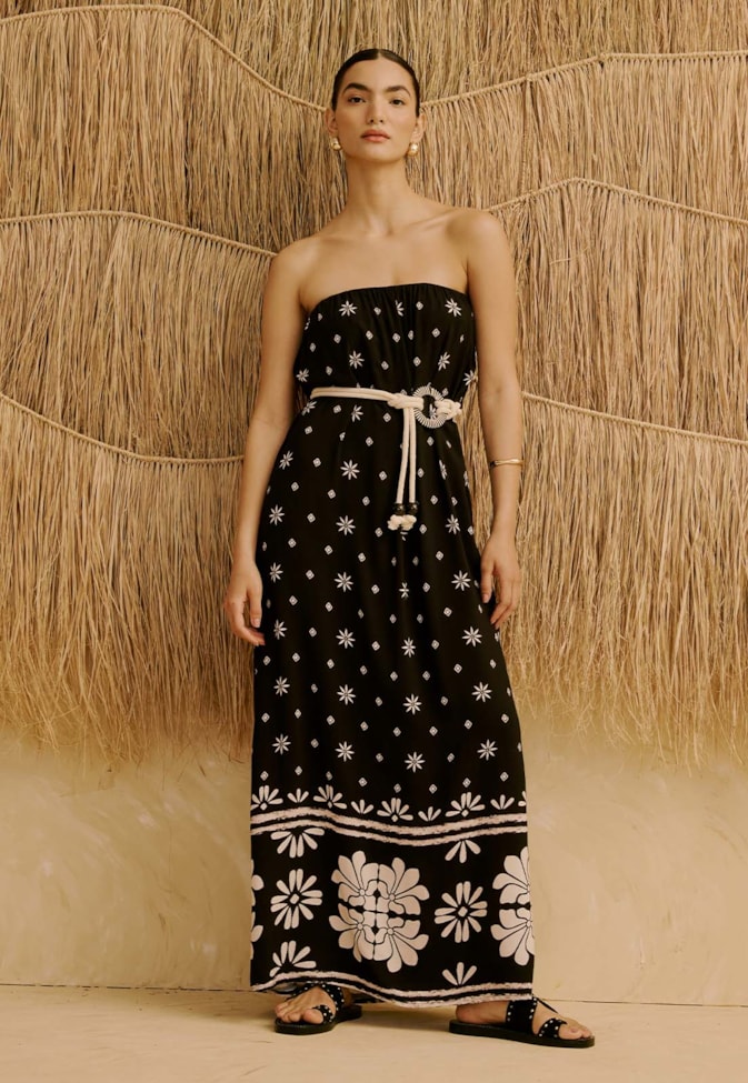 Vestido Longo Tomara Que Caia com Cinto em Corda Estampado Pallay