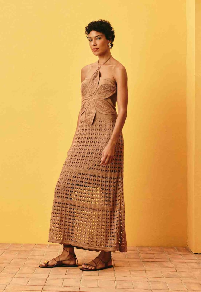 Vestido Longo Tricot Busto Flor