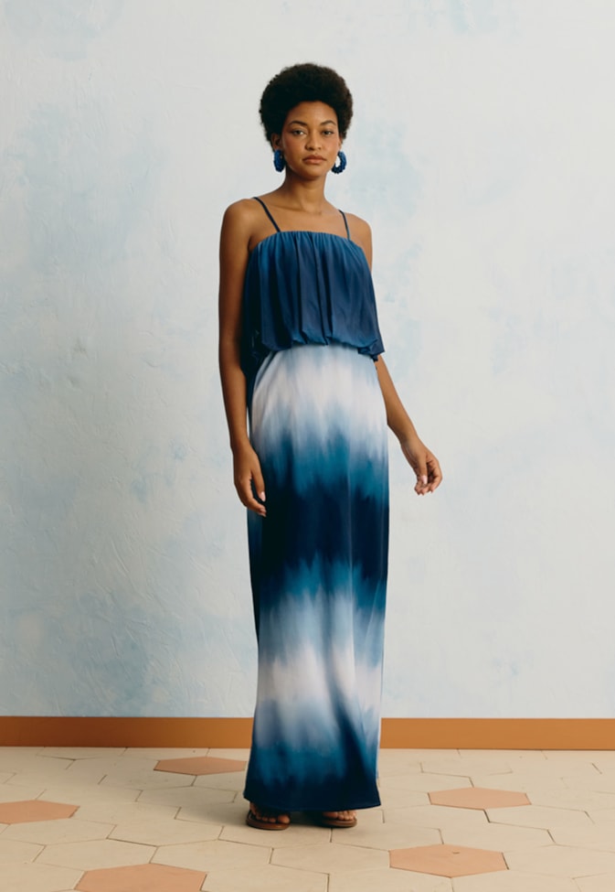 Vestido Longo Tule Estampado Brisa Marina