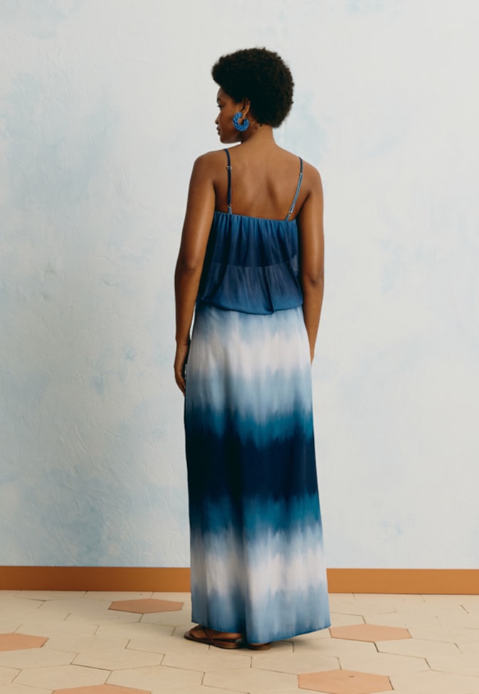 Vestido Longo Tule Estampado Brisa Marina