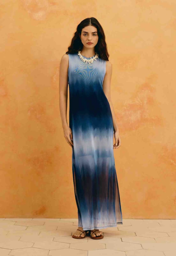 Vestido Longo Tule Estampado Brisa Marina Vista Frontal