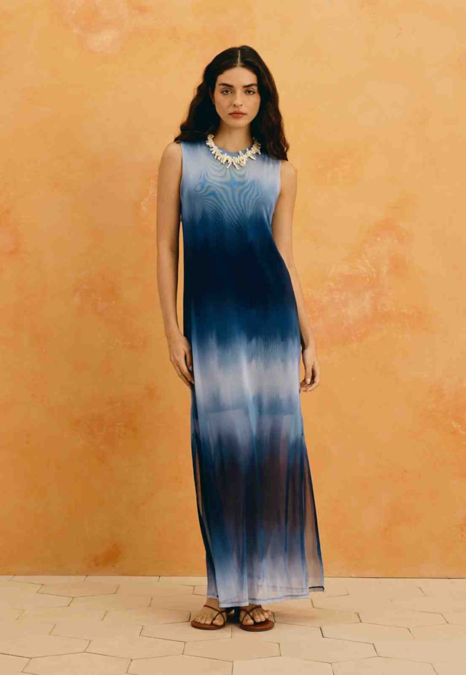 Vestido Longo Tule Estampado Brisa Marina