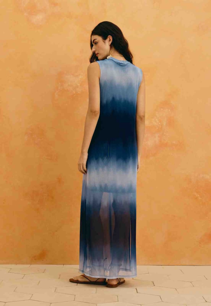 Vestido Longo Tule Estampado Brisa Marina