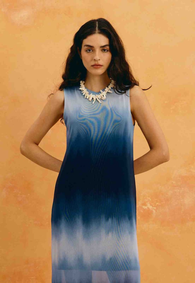 Vestido Longo Tule Estampado Brisa Marina