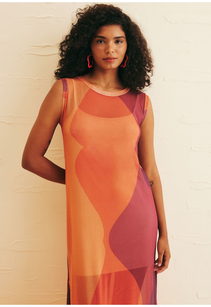 Vestido Longo Tule Estampado Las Coloradas