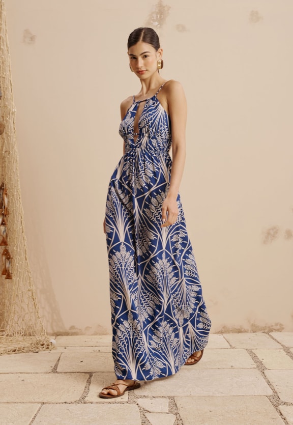 Vestido Longo Túnel Cintura Estampado Miriti Vista Frontal