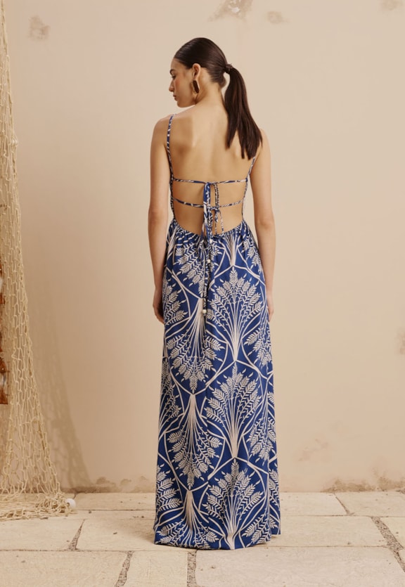 Vestido Longo Túnel Cintura Estampado Miriti Vista Traseira