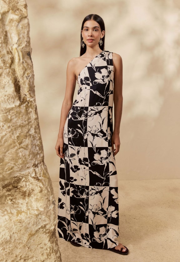 Vestido Longo Um Ombro Só Estampado Yareta Vista Frontal