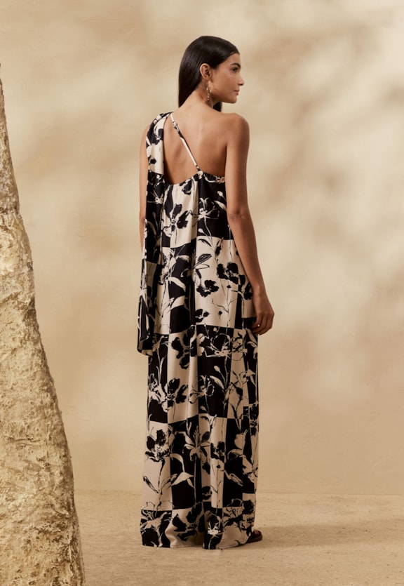 Vestido Longo Um Ombro Só Estampado Yareta Vista Traseira