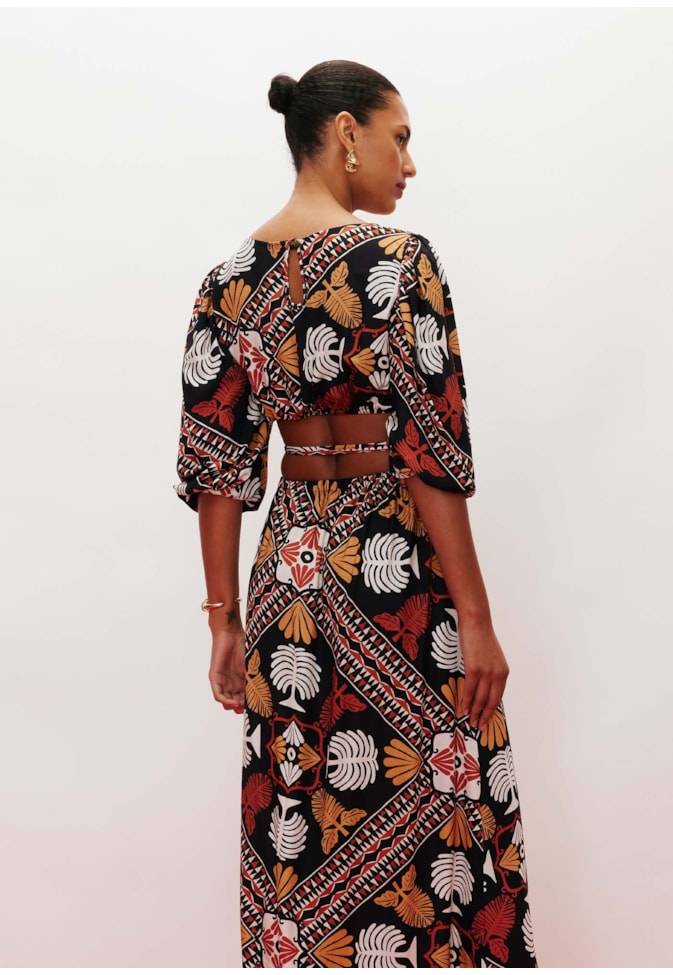 Vestido Longo Vazado Estampado Baião