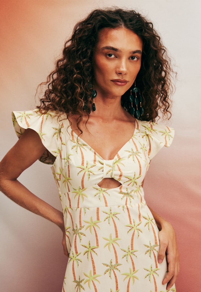 Vestido Manga Babado Estampado Itamaracá