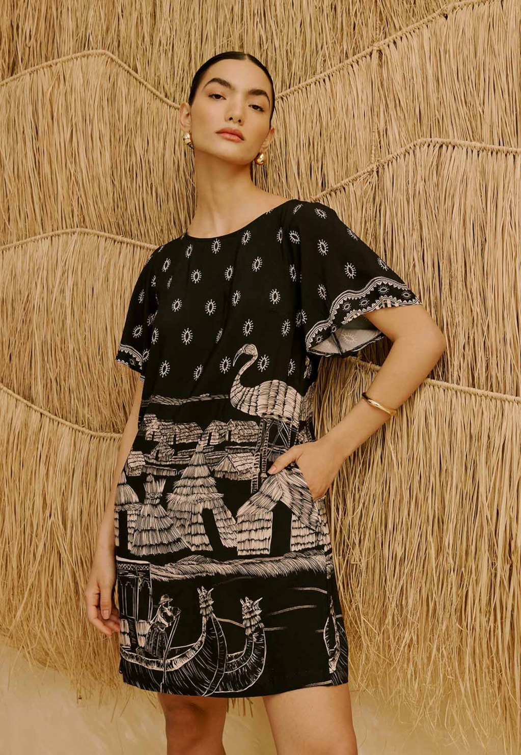 Vestido Manga Curta Estampado Lago Titicaca