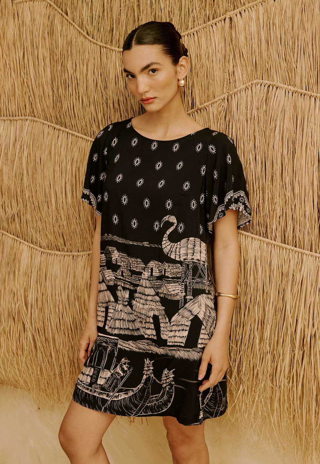 Vestido Manga Curta Estampado Lago Titicaca