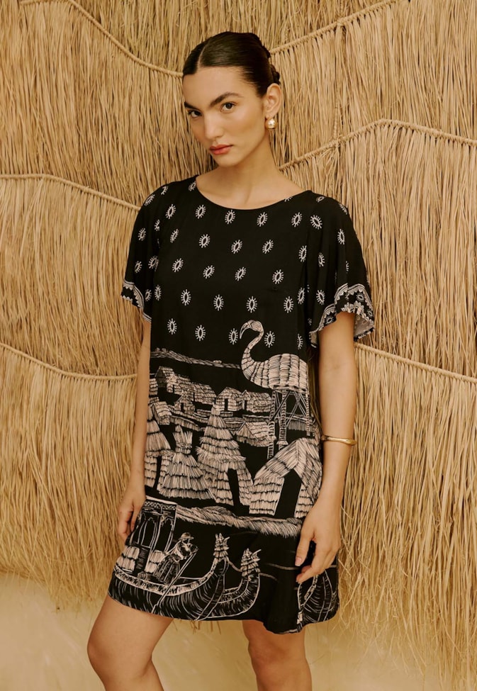 Vestido Manga Curta Estampado Lago Titicaca