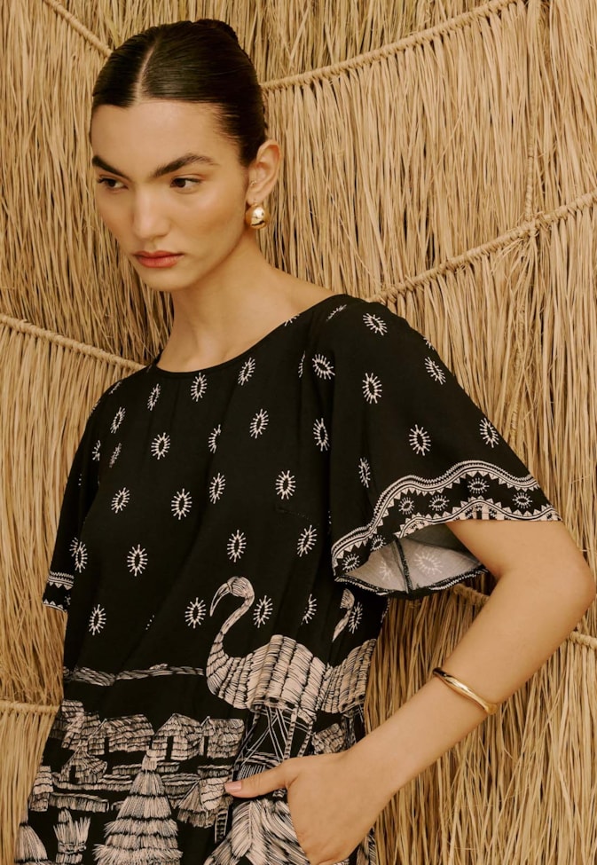 Vestido Manga Curta Estampado Lago Titicaca