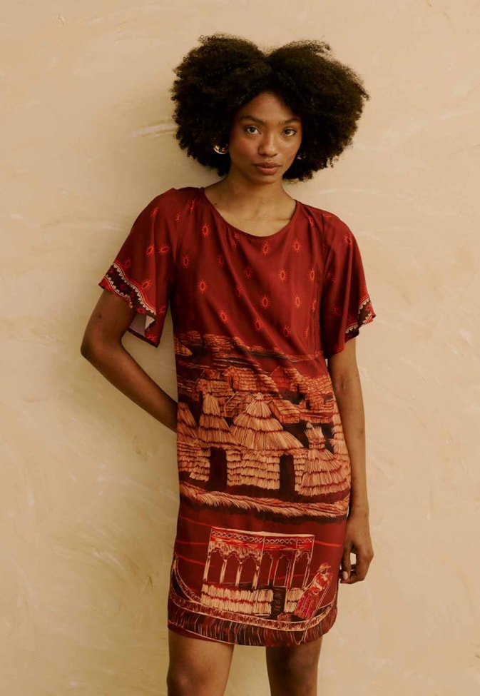 Vestido Manga Curta Estampado Lago Titicaca